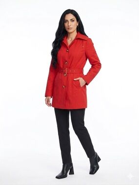 MICHAEL KORS | RED RAIN RESISTANT BELTED TRENCH COAT WITH REMOVABLE HOOD